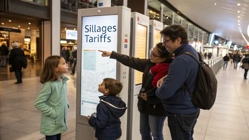 Famille consultant les tarifs Sillages sur une borne d'information