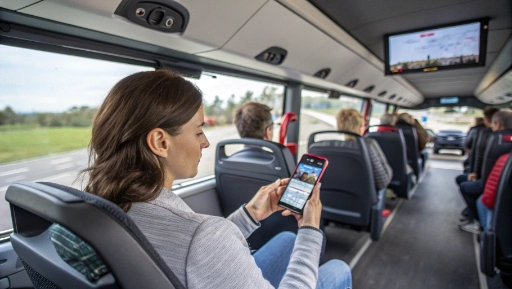 Passager utilisant l'application mobile Sillages dans un bus moderne