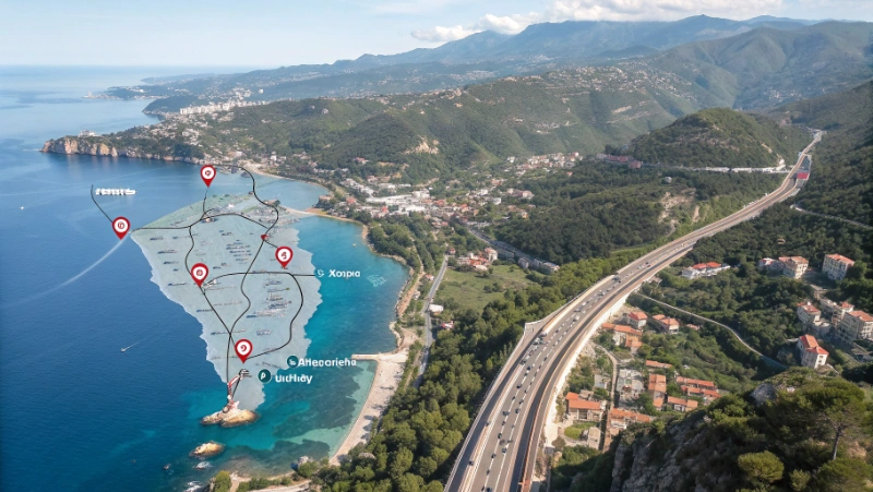 Carte illustrant l'itinéraire de Grasse vers Monaco avec les correspondances